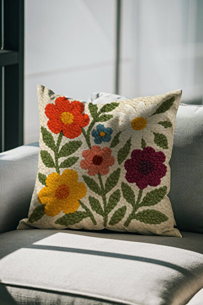 Moud's Punch Embroidery Pattern Double Sided Digital Printed Color Flowers Patterned Throw Pillow Cover