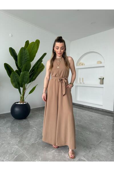 CKBUTİK Camel Geniş Paçalı Kuşaklı Tulum CR