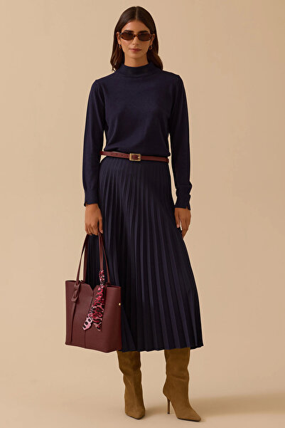 SEÇİL Women's Flexible Waist Pleated Basic Skirt 1019 Navy Blue