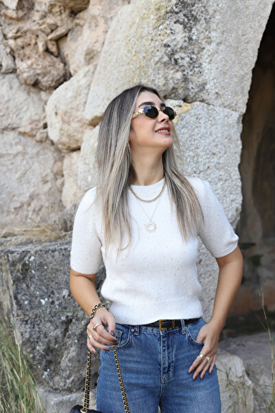 bytugcekaya Ecru Standard Size Sequin Glitter Knit Sweater