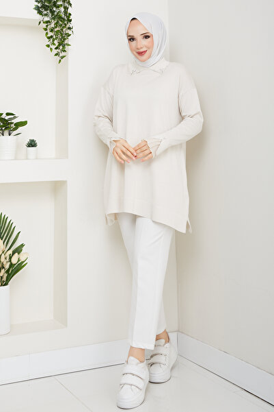 Pamuk Butik Women's Sleeve Mouth Lace Detailed Mercerized Knitwear Tunic