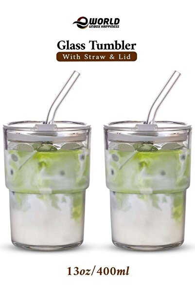 Eworld 13oz / 400ml Clear Double Wall Glass Tumbler with Lid & Straw (Pack of 2 or 4)
