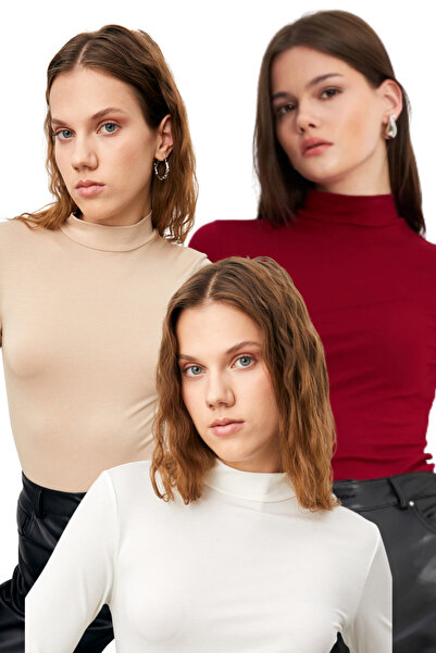 Bipantolon Women's White Cream Burgundy 3-Piece Half Turtleneck Basic Bodysuit