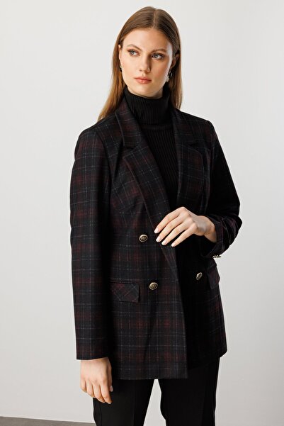 Ekol Women's Plus Size Plaid Jacket with Flap Pockets 5539 Claret Red