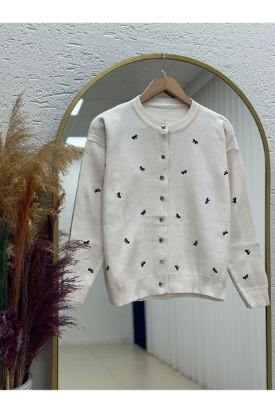 MİHRA STORE Karoria Bow Detail Metal Buttoned Knitted Cardigan-Sy3221 Ecru