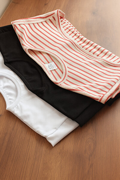 mirach 3-Piece Economical Set Zero Round Neck Collar Sleeves Burgundy Striped White Black Bodysuit Flexible Stretch Fabric