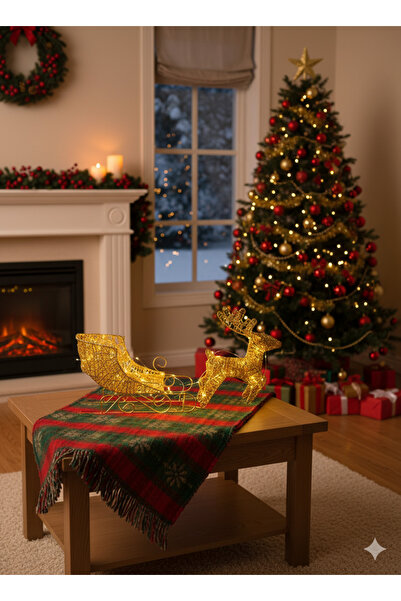 DODOMAR Yılbaşı Işıklı Tel Geyik Kızaklı 40x20 cm Kendinden Pilli Altın LED D...