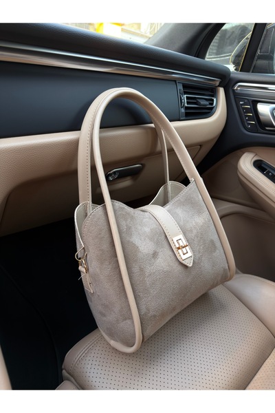 NOTHING Women's Suede Mink Lock Detailed Three-Compartment Detachable Makeup Bag Hand and Shoulder Bag Lemina