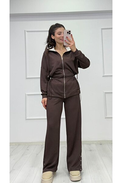 TUNAM BUTİK 0701 طقم مودال بتفاصيل عند الأرجل وقلنسوة، لون بني