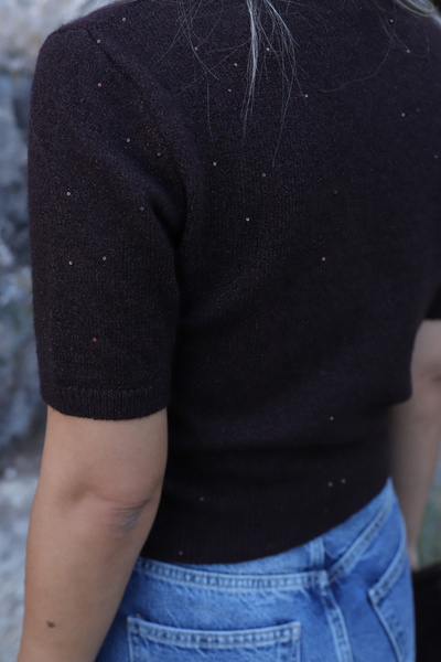 bytugcekaya Bitter Brown Standard Size Sequin Glitter Knit Sweater