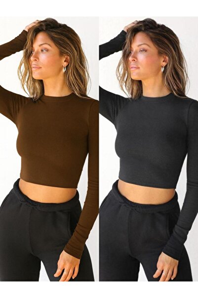 ÖZ PAMUK 2 Pcs Women's Black Corded Fabric Crew Neck Ribbed Knit Crop Blouse