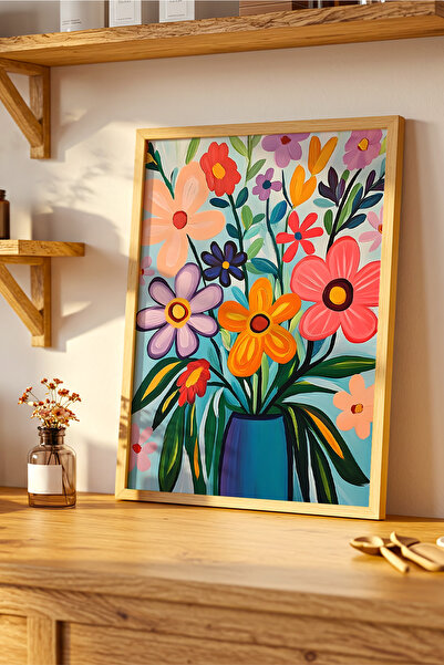 VERONİCA LİNE Canlı Renkler Akrilik Boyama Stilinde Çiçek Vazosu Doğal Ahşap ...