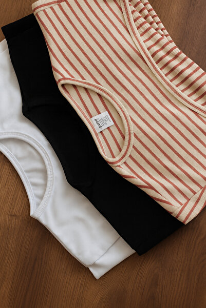 mirach 3-Piece Economical Set Zero Round Neck Collar Sleeves Burgundy Striped White Black Bodysuit Flexible Stretch Fabric