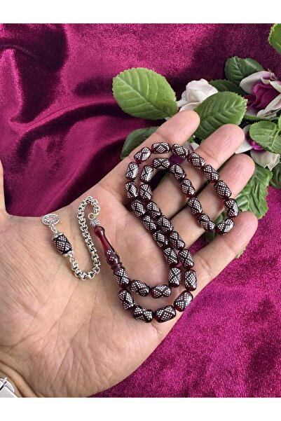 Sahra Gümüş 925 ayar Gümüş işlemeli ve gümüş püsküllü ateş kehribar tesbih