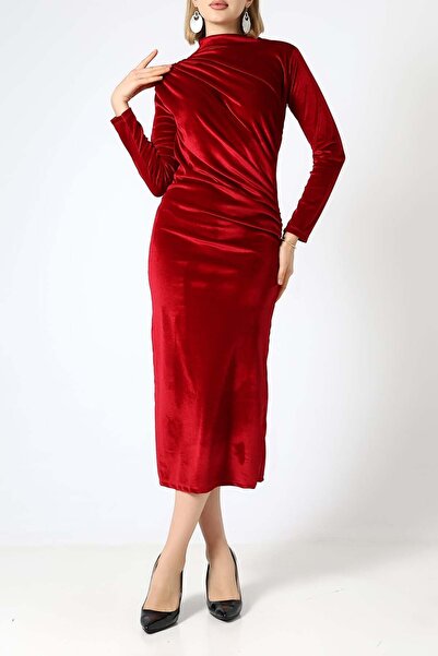 Sabr فستان ميدي مخملي نصف فيشر فستان بتجاعيد مجمّعة – فستان مخملي أنيق وراقي