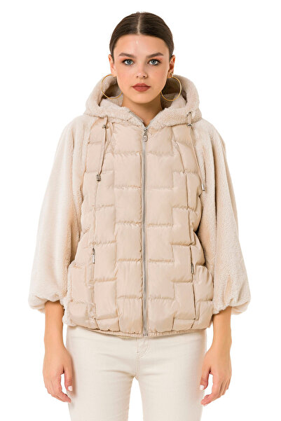 Icon Kapitone Detaylı Peluş Mont -Taş