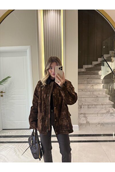 CKBUTİK Kadife Yakalı Kahverengi Efektli Premium Mont