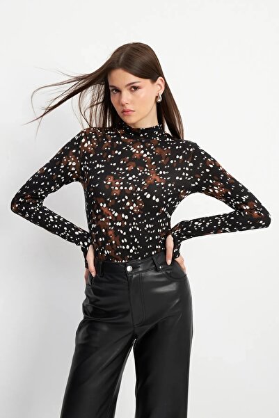 Yefrastore Women's Brown and White Speckle Patterned Finger Detailed Bodysuit