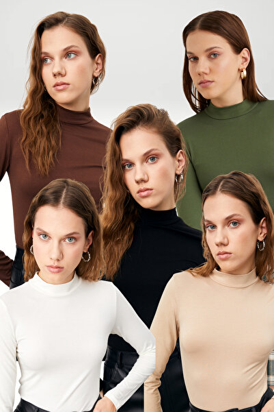 Bipantolon Women's Black Cream White Bitter Coffee Khaki 5-Piece Half Turtleneck Basic Bodysuit