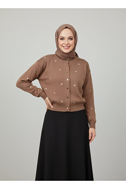MİHRA STORE Karoria Bow Detail Metal Button Knitted Cardigan-SY3221 Milk Coffee