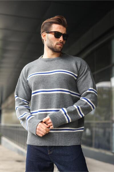 Madmext Anthracite Striped Knitwear Men's Sweater E7457