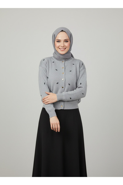 MİHRA STORE Karoria Bow Detail Metal Button Knitted Cardigan-Sy3221 Gray