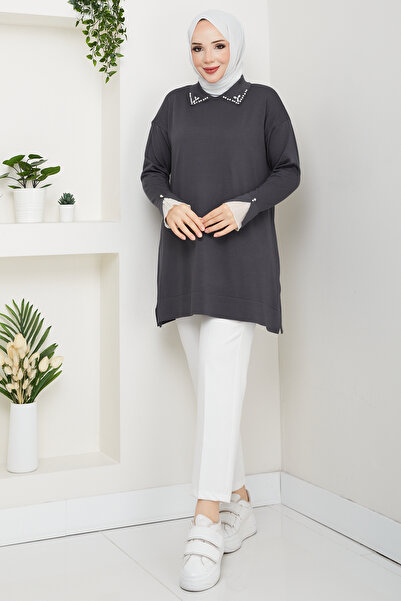 Pamuk Butik Women's Sleeve Mouth Lace Detailed Mercerized Knitwear Tunic