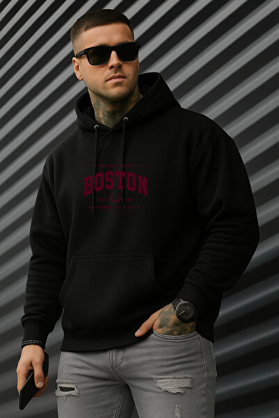 EydaMoon Men's Winter Boston Printed Regular Cotton Hooded Sweatshirt