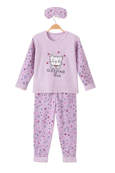 Beka Kids Girl's Patterned Soft Thick Winter Applique Embroidered Purple Fleece Pajama Set Warm Fabric