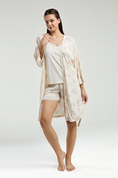 Pierre Cardin Women's Cream 3-Piece Set, Tank Top Shorts Robe