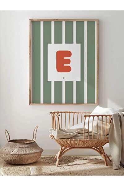 fuart.co Kişiye Özel Çocuk Posteri Yeşil Dikey Çizgili Harf Detaylı (Çerçevesiz)