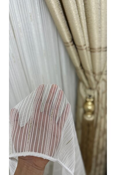 Fon Dünyası Luxury Gold Striped Tulle Curtain (1/3 Dense Pleat)