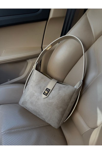 NOTHING Women's Suede Mink Gold Lock Detail Accessory Adjustable Lock Strap Handbag and Shoulder Bag