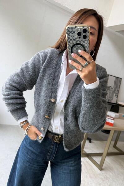 ELVAN TOLON Anthracite Pearl Button Cardigan