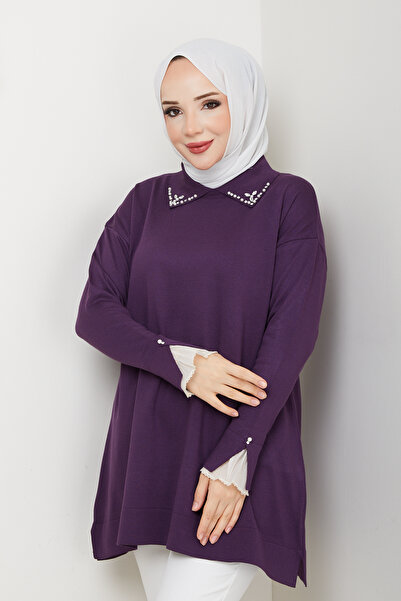 Pamuk Butik Women's Sleeve Mouth Lace Detailed Mercerized Knitwear Tunic