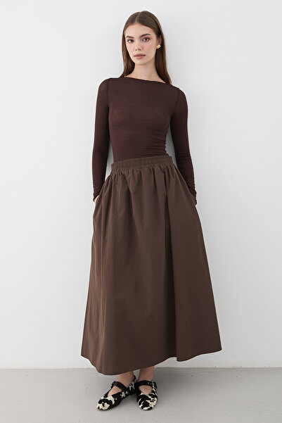 JASTE Women's Brown Gathered Waist Elastic Long Maxi Skirt
