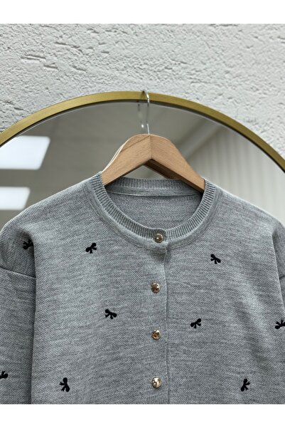 MİHRA STORE Karoria Bow Detail Metal Button Knitted Cardigan-Sy3221 Gray