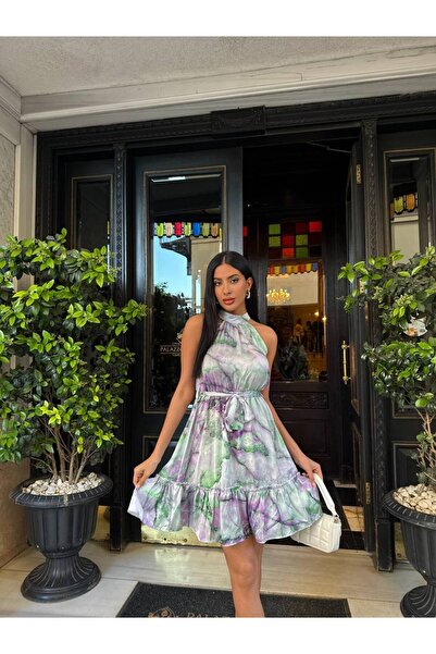 mass fashion Kadın Desenli Kemer Detaylı Kısa Saten Elbise