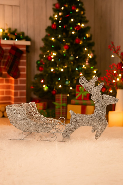 DODOMAR Yılbaşı Işıklı Tel Geyik Kızaklı 40x20 cm Kendinden Pilli Gümüş LED D...