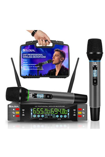 VENTART Set of 2 professional microphones, with wireless receiver, adjustable frequencies, 50m, storage box