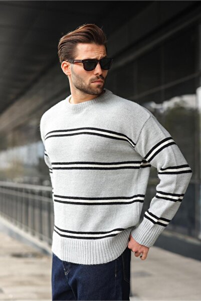 Madmext Gray Striped Knitwear Men's Sweater E7457
