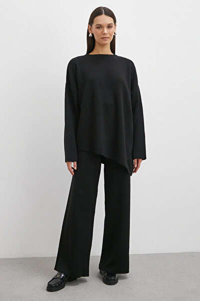 Never more Skirt with Crossed Pants Crew Neck Suit Black