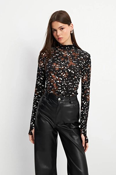 Yefrastore Women's Brown and White Speckle Patterned Finger Detailed Bodysuit