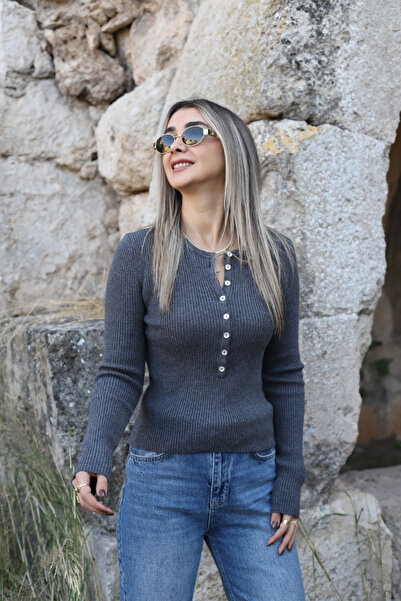 bytugcekaya Smoked Standard Size Wool Buttoned Knitwear Sweater