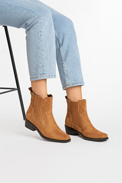 Elvessa Kadın Taba Süet Lastikli İçi Kürklü 3 Cm Topuklu Kaymaz Taban Bot