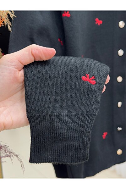 MİHRA STORE Karoria Bow Detail Metal Button Knitted Cardigan-Sy3221 Black