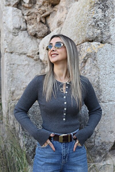 bytugcekaya Smoked Standard Size Wool Buttoned Knitwear Sweater