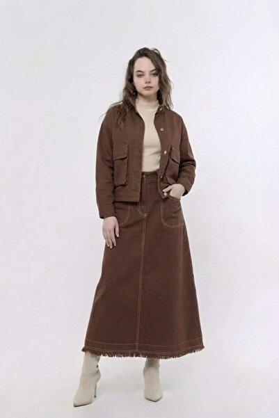 Atölye Güven Women's Brown Tasseled Gabardine Jacket Skirt Two-Piece Set