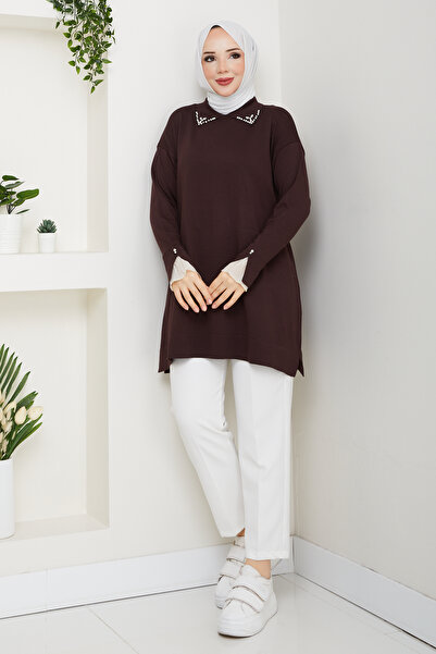 Pamuk Butik Women's Sleeve Mouth Lace Detailed Mercerized Knitwear Tunic