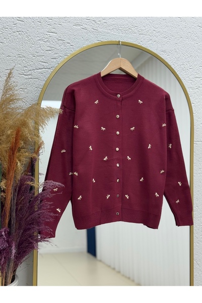 MİHRA STORE Karoria Bow Detail Metal Button Knitted Cardigan-Sy3221 Burgundy